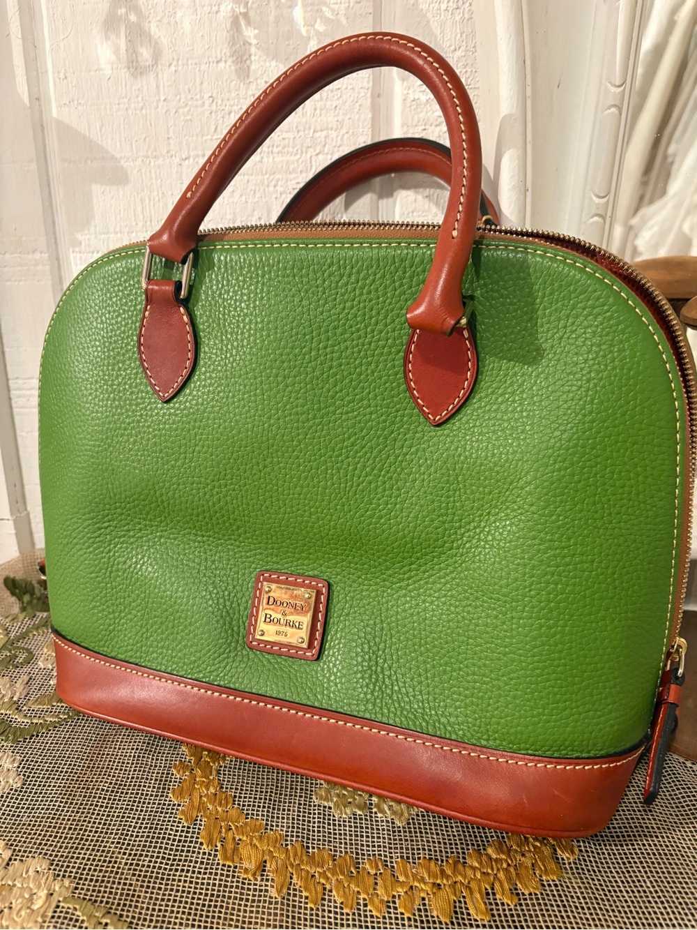 Dooney & Bourke Green Pebbled Leather Satchel with Brown Trim and Handles